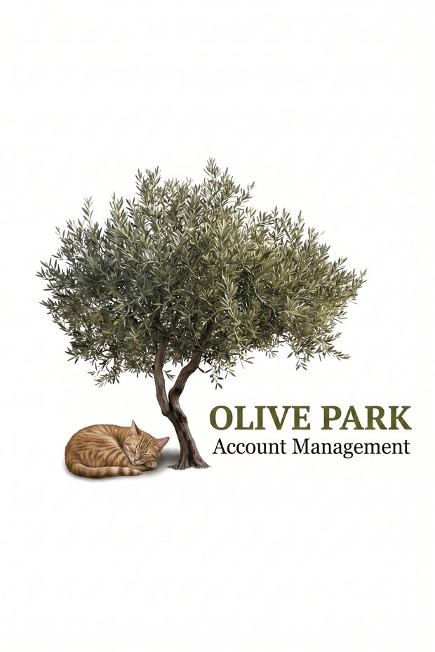 Olive Park Account Management — hand-painted olive tree with a sleeping ginger cat